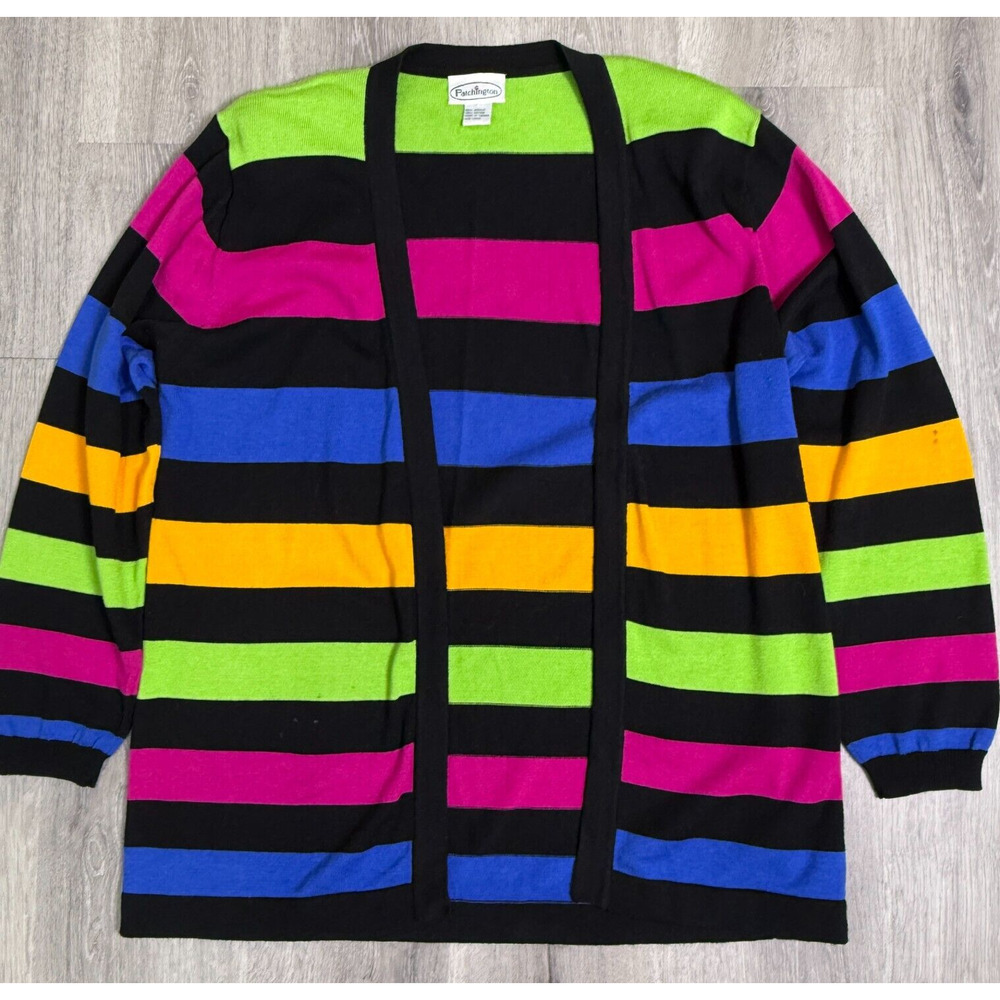 Vintage Patchington Women’s Large Open Front‎ Striped Cardigan Neon Colors